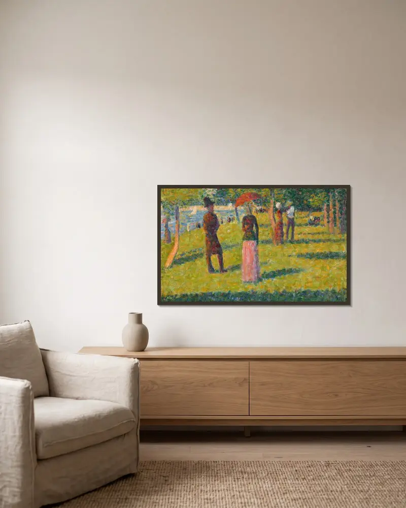 Landskap och figurer (Den rosa kjolen) av Georges Seurat inramad på en vägg