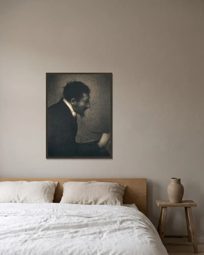 Portrait of Edmond François Aman-Jean av Georges Seurat inramad på en vägg