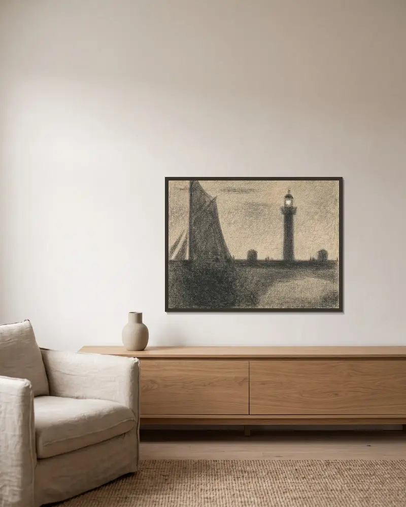 The Lighthouse at Honfleur, 1886 – nr 2 av Georges Seurat inramad på en vägg