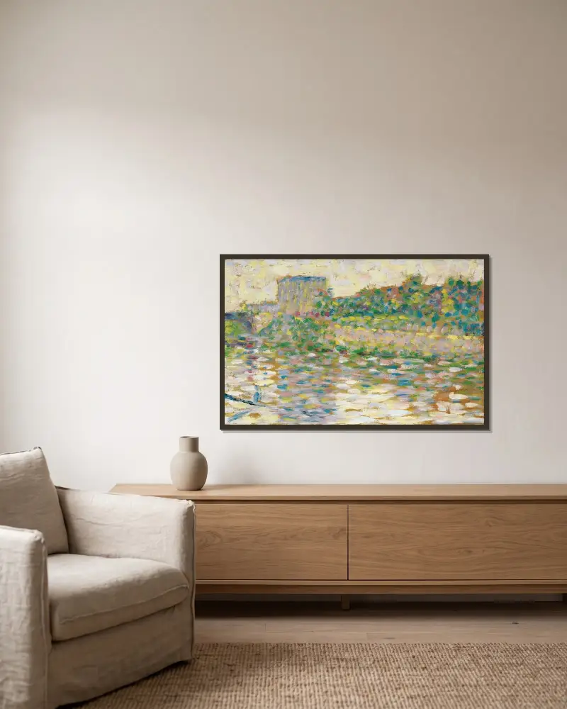 The Seine at Courbevoie av Georges Seurat inramad på en vägg