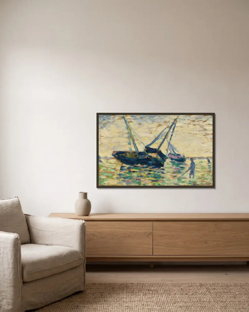 Trois Bateaux Et Un Marin (Étude Pour L’échouage À Grandcamp) av Georges Seurat inramad på en vägg
