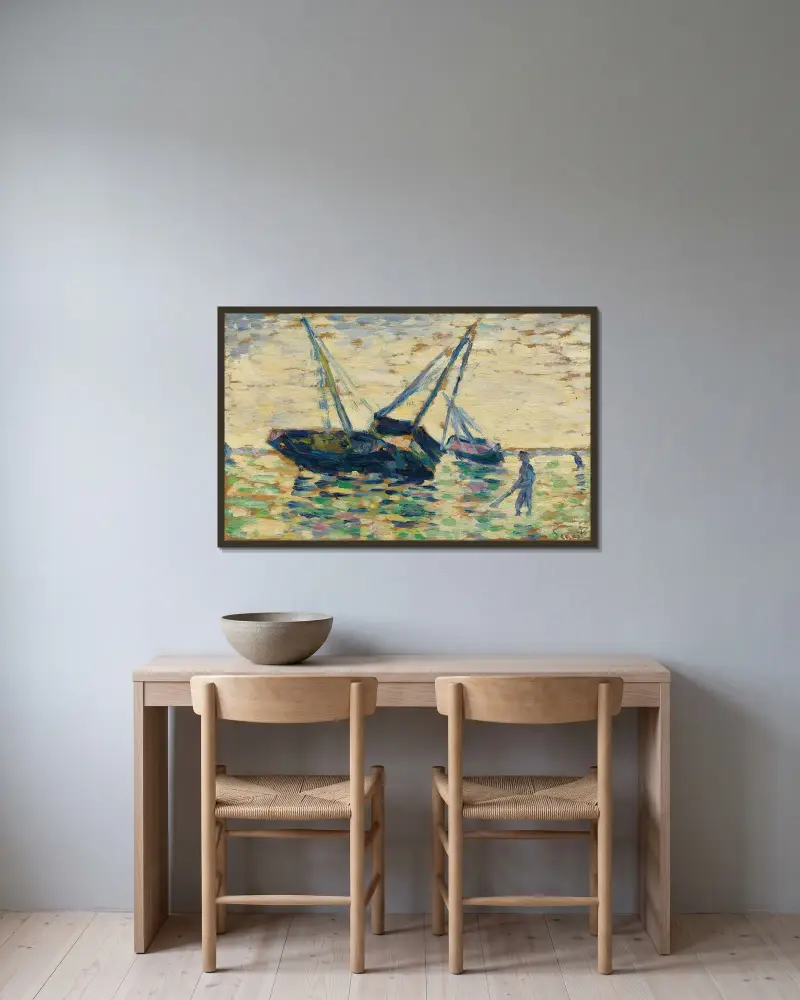 Trois Bateaux Et Un Marin (Étude Pour L’échouage À Grandcamp) av Georges Seurat inramad på en vägg
