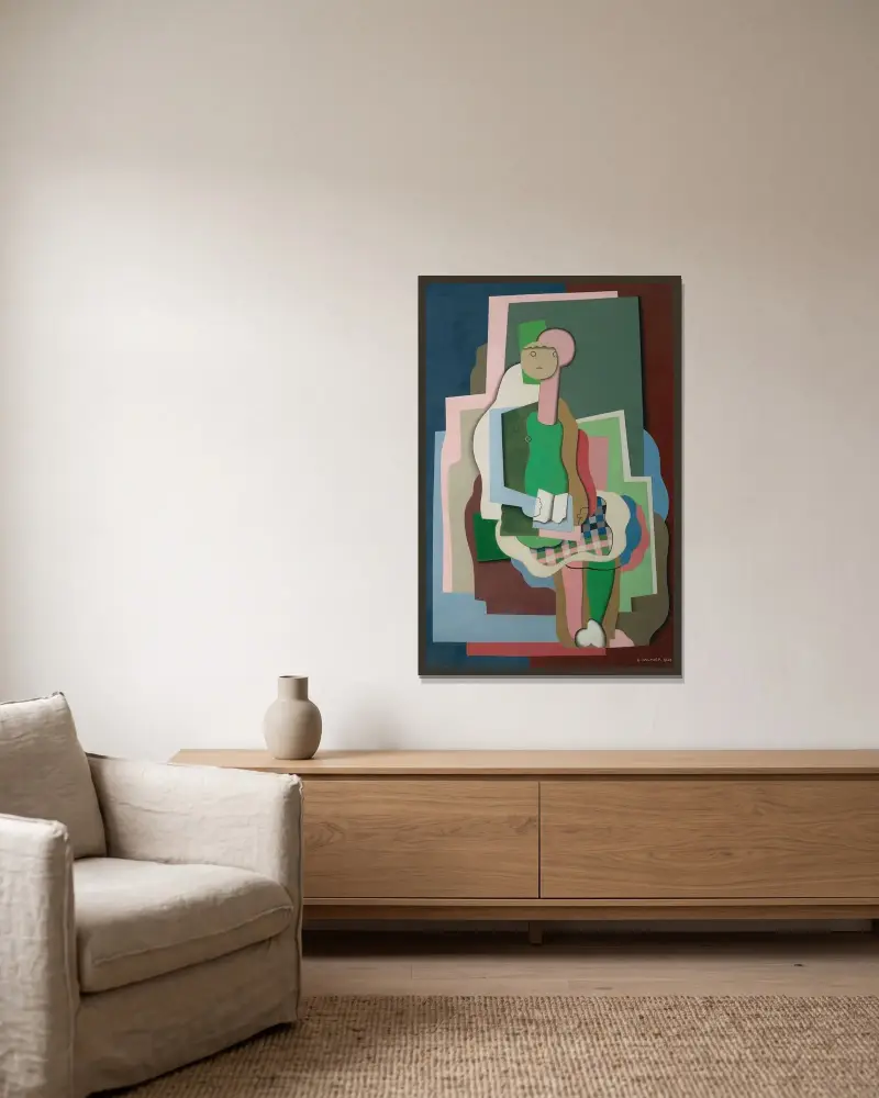 Ung flicka sittande (Porträtt av konstnärens dotter) av Georges Valmier inramad på en vägg