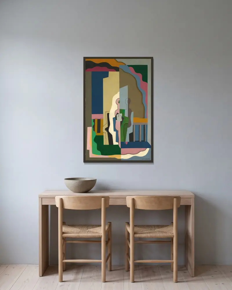 Lavans-lès-Saint-Claude, Jura, kvinnor på balkong av Georges Valmier inramad på en vägg