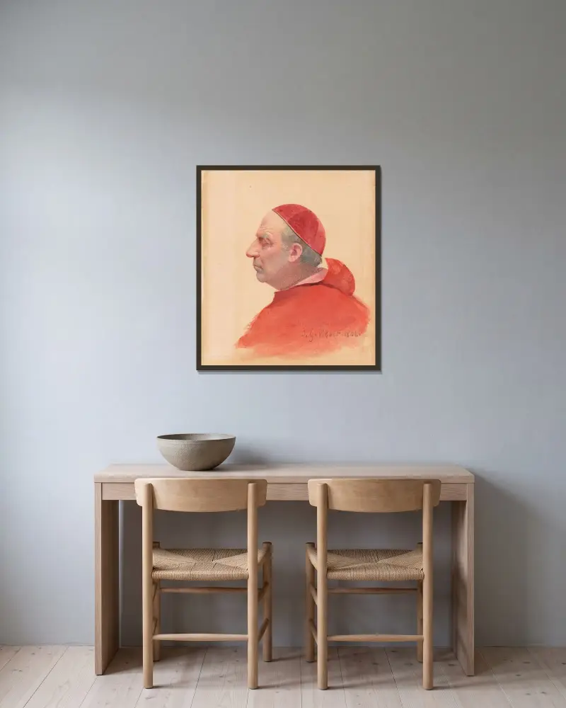 En kardinal i profil av Jehan Georges Vibert inramad på en vägg