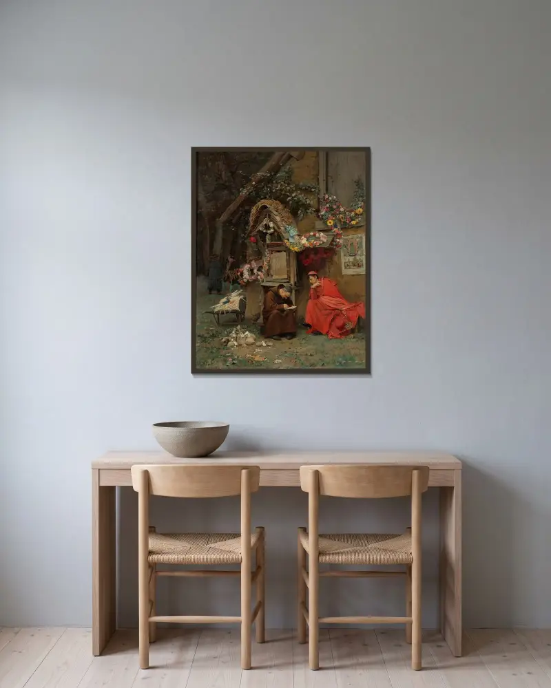 Att räkna ihop sina gåvor av Jehan Georges Vibert inramad på en vägg