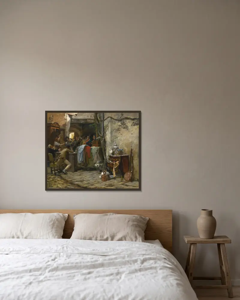 Möbelauktionen av Jehan Georges Vibert inramad på en vägg