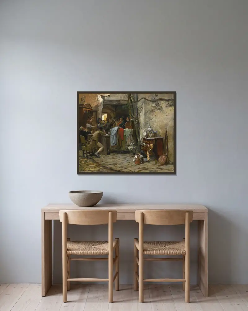 Möbelauktionen av Jehan Georges Vibert inramad på en vägg