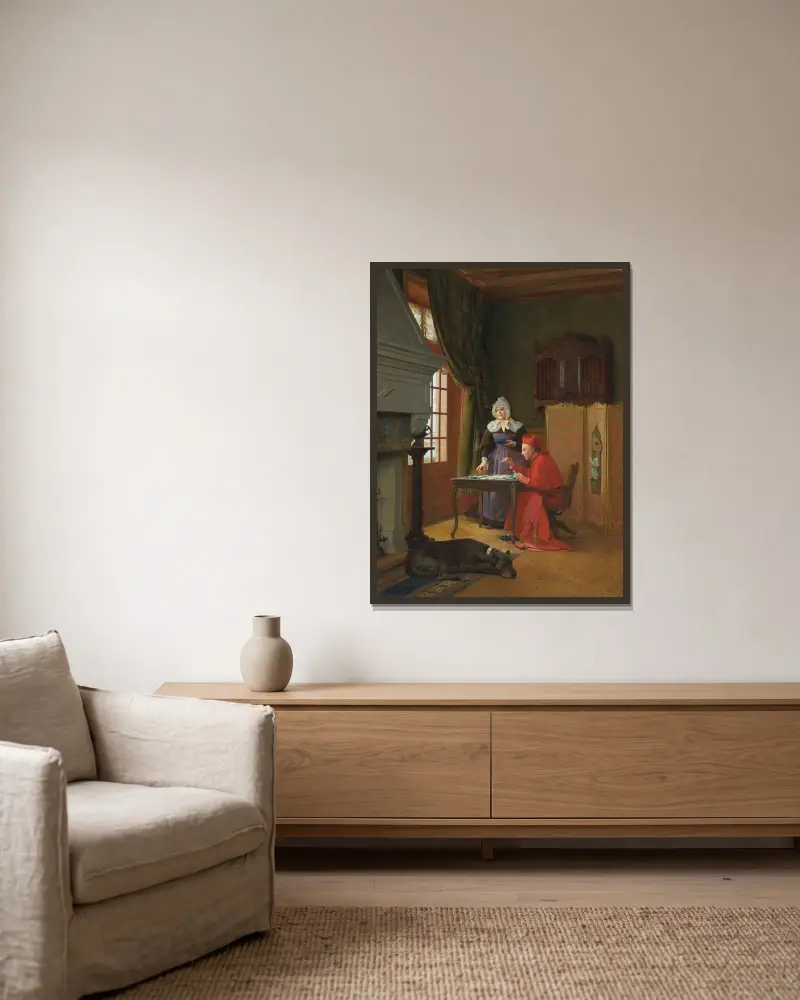 Die drei Geduldsproben von Jehan Georges Vibert gerahmt an einer Wand