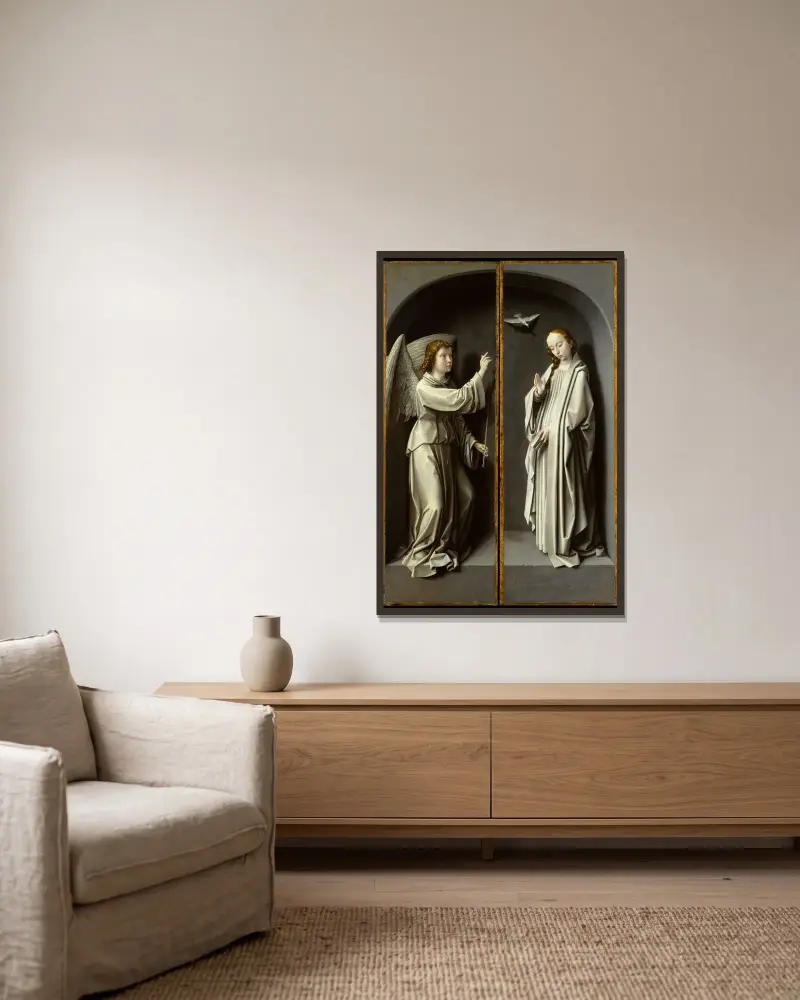 Archangel Gabriel; The Virgin Annunciate av Gerard David inramad på en vägg
