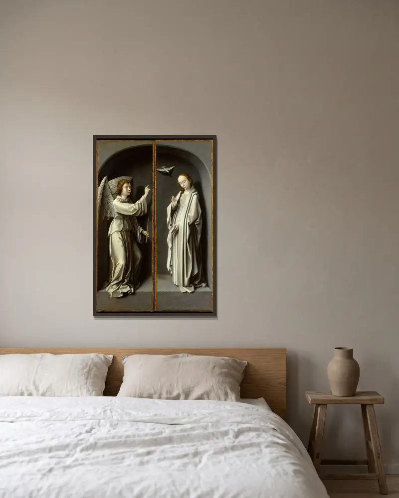 Archangel Gabriel; The Virgin Annunciate av Gerard David inramad på en vägg