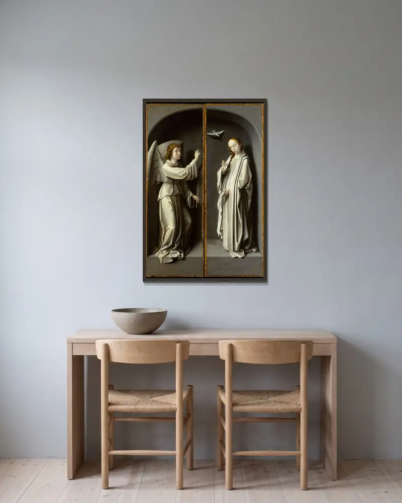 Archangel Gabriel; The Virgin Annunciate av Gerard David inramad på en vägg