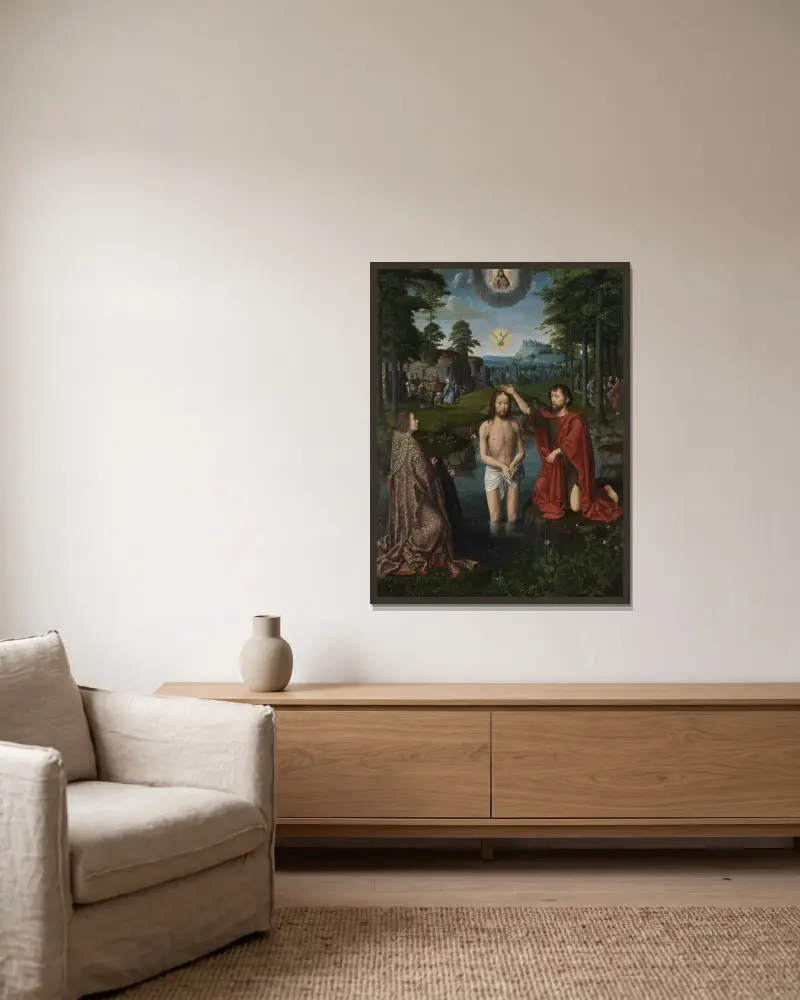 Baptism of Christ av Gerard David inramad på en vägg