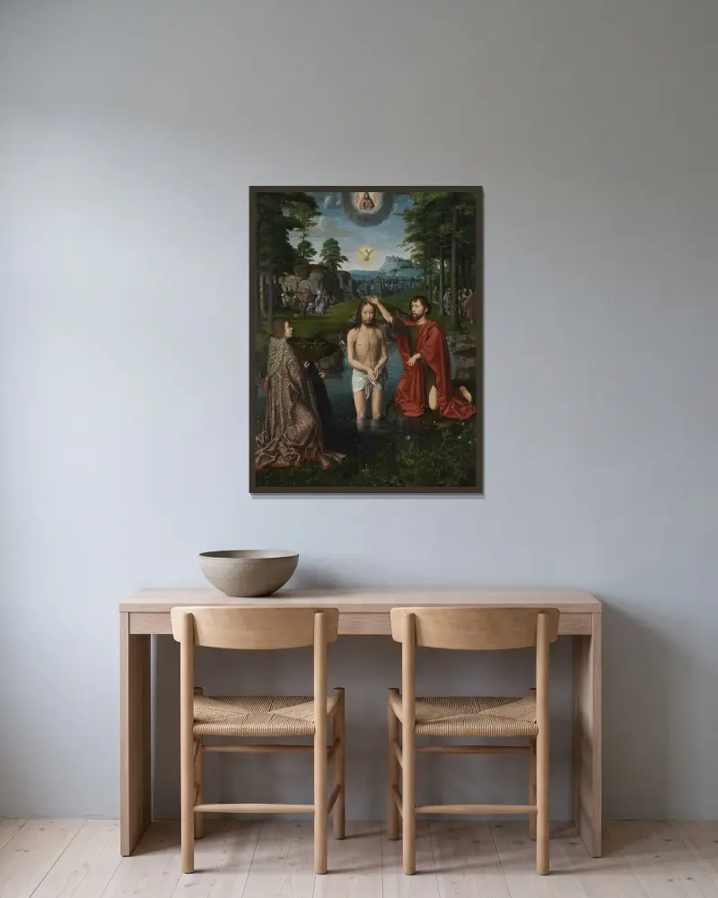 Baptism of Christ av Gerard David inramad på en vägg