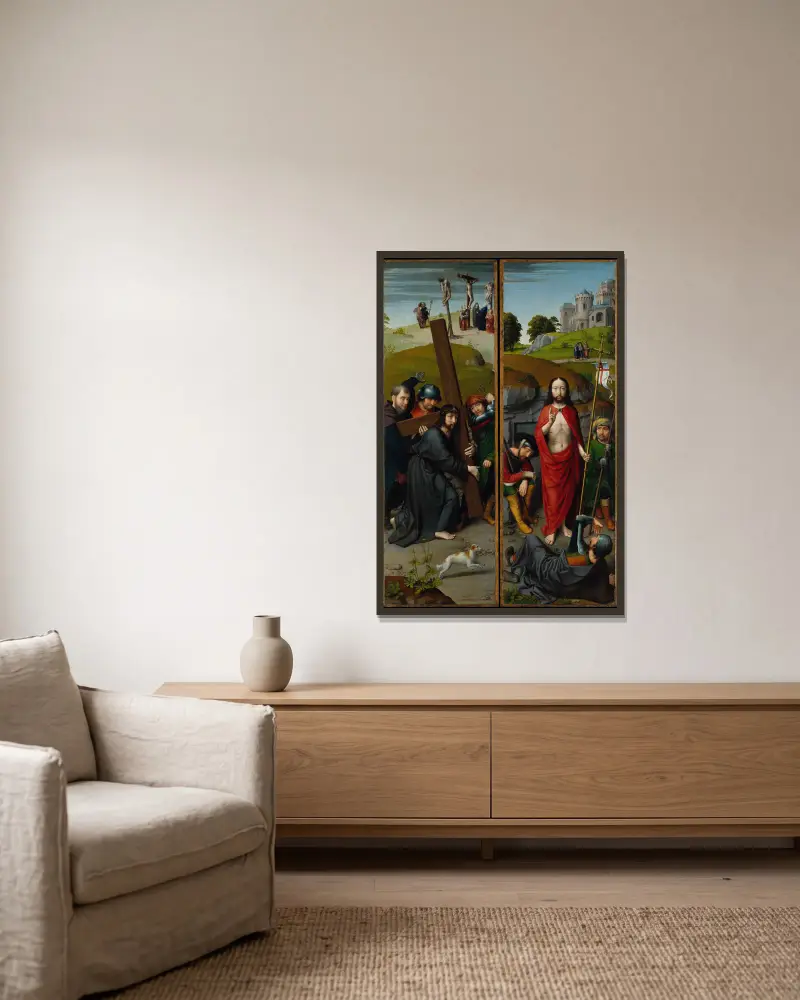 Christ Carrying the Cross, with the Crucifixion; The Resurrection, with the Pilgrims of Emmaus av Gerard David inramad på en vägg
