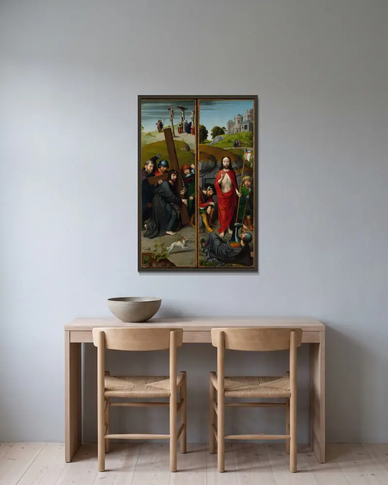 Christ Carrying the Cross, with the Crucifixion; The Resurrection, with the Pilgrims of Emmaus av Gerard David inramad på en vägg