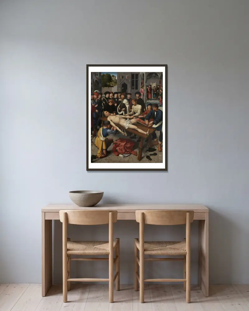 Judgement of Cambyses av Gerard David inramad på en vägg