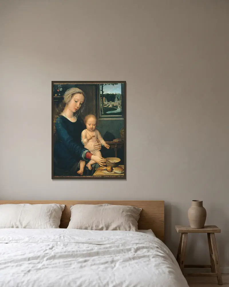 Madonna and Child with the Milk Soup av Gerard David inramad på en vägg