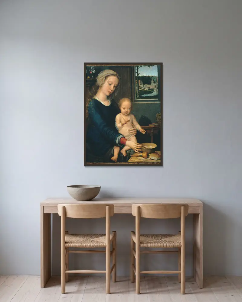 Madonna and Child with the Milk Soup av Gerard David inramad på en vägg