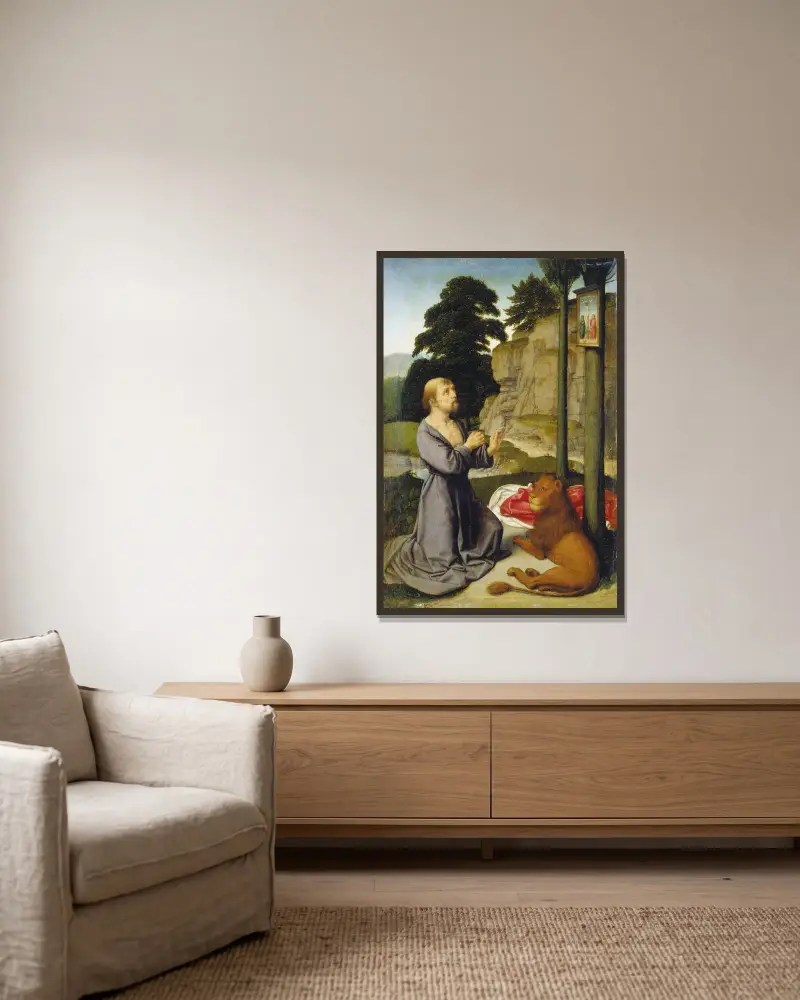 Der heilige Hieronymus in der Wüste von Gerard David gerahmt an einer Wand