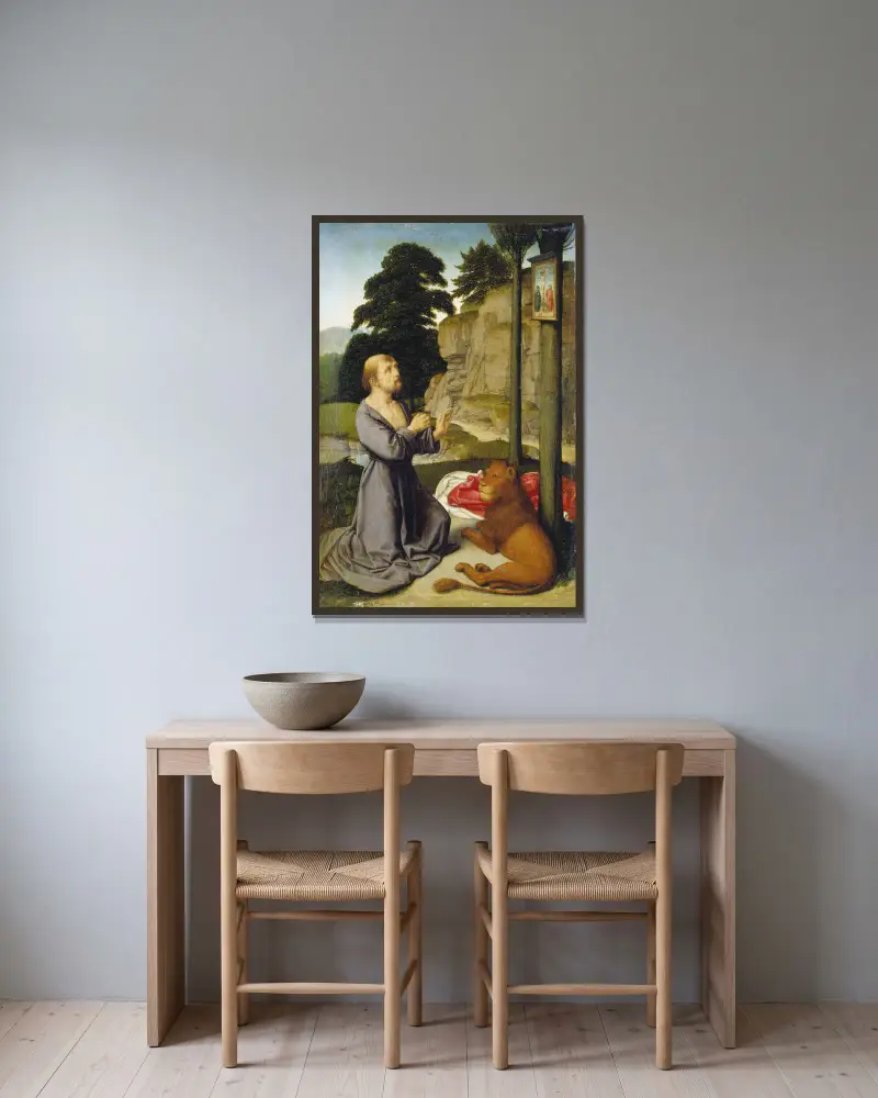 Der heilige Hieronymus in der Wüste von Gerard David gerahmt an einer Wand
