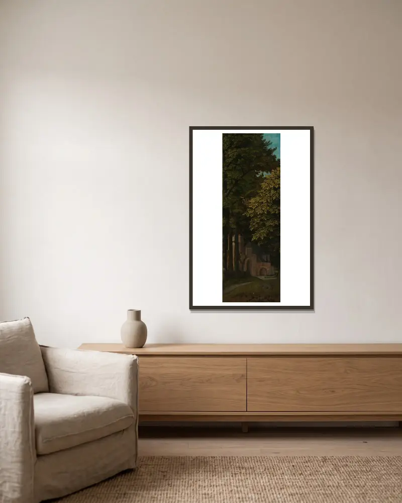 View in a Forest, Outer Left Wing of a Triptych av Gerard David inramad på en vägg