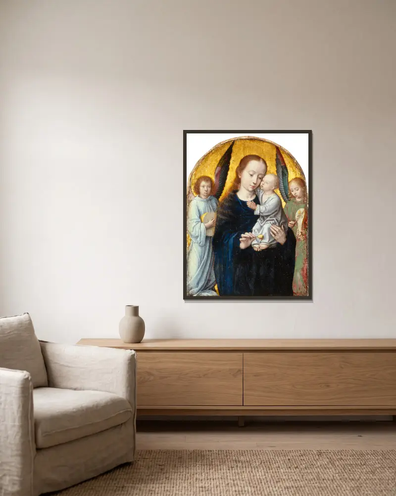 Virgin with Child between Angels playing Music av Gerard David inramad på en vägg