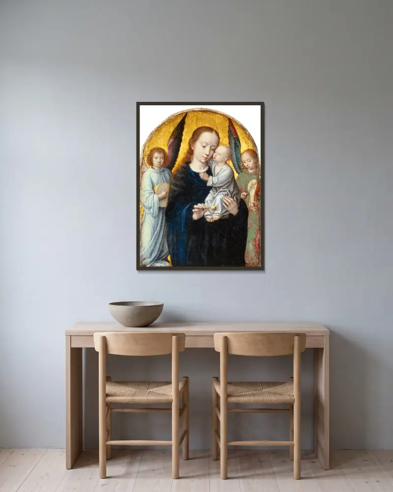 Virgin with Child between Angels playing Music av Gerard David inramad på en vägg