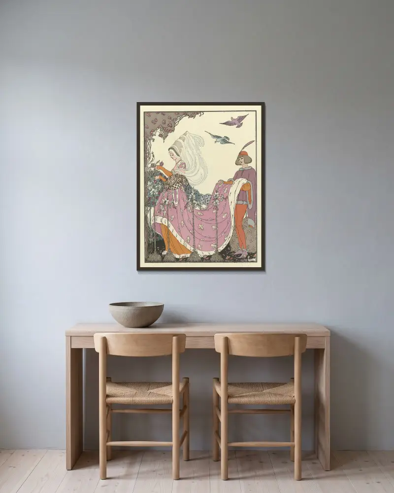 Die schöne Blumenpflückerin von Gerda Wegener gerahmt an einer Wand
