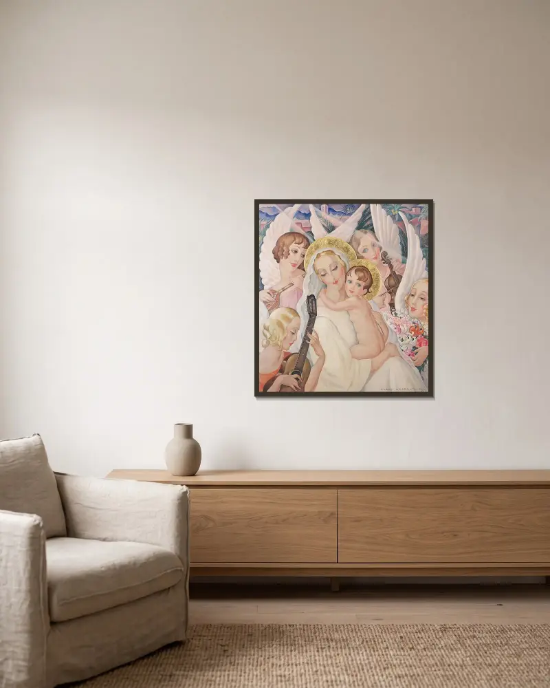 Madonna med barn, omgiven av musikänglar av Gerda Wegener inramad på en vägg