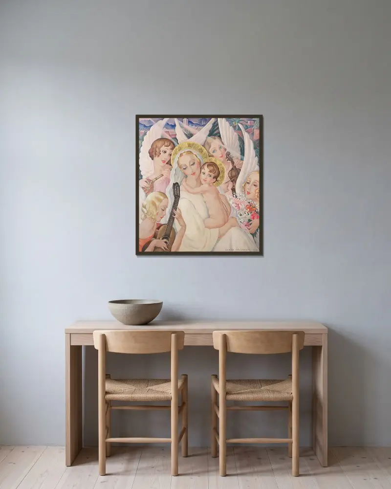 Madonna med barn, omgiven av musikänglar av Gerda Wegener inramad på en vägg
