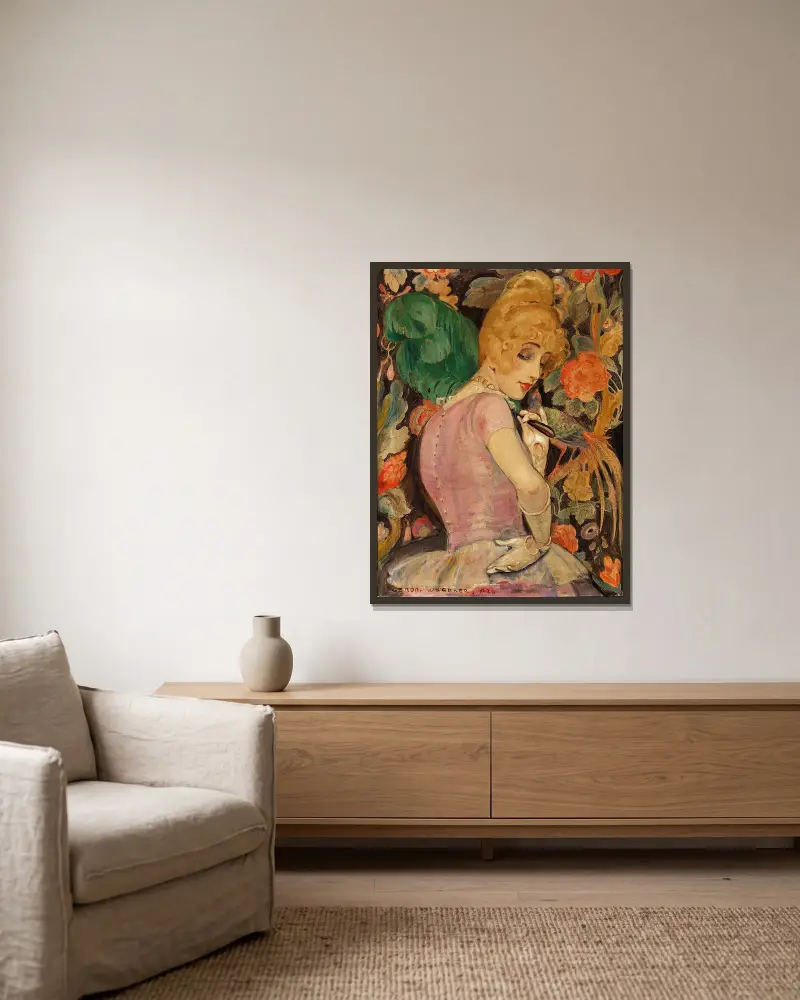 Portræt af Lili Elbe med grøn fjervifte av Gerda Wegener inramad på en vägg