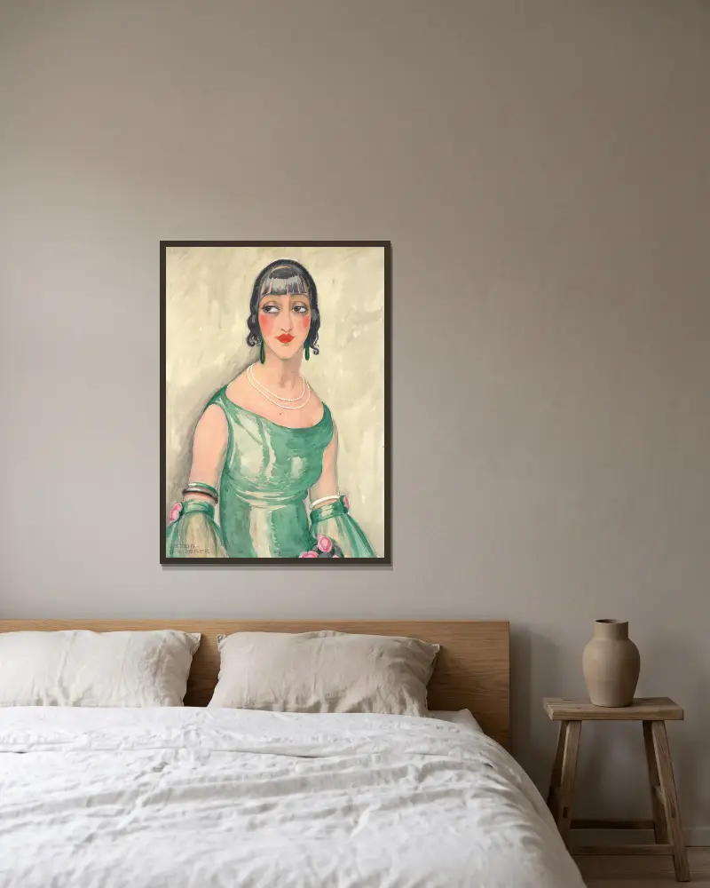 Portrait of a woman in green dress and pearls av Gerda Wegener inramad på en vägg