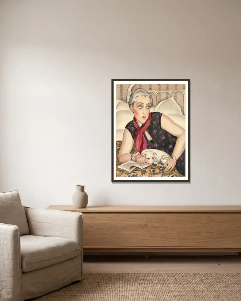 Portrait of a woman reading with a dog av Gerda Wegener inramad på en vägg