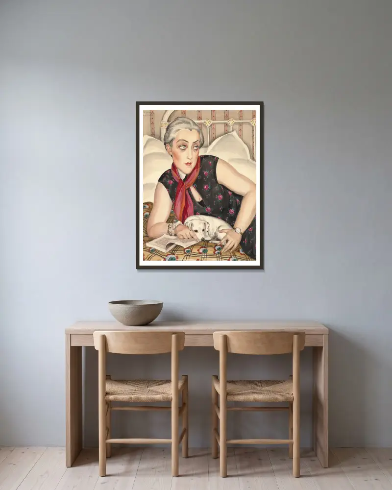 Portrait of a woman reading with a dog av Gerda Wegener inramad på en vägg