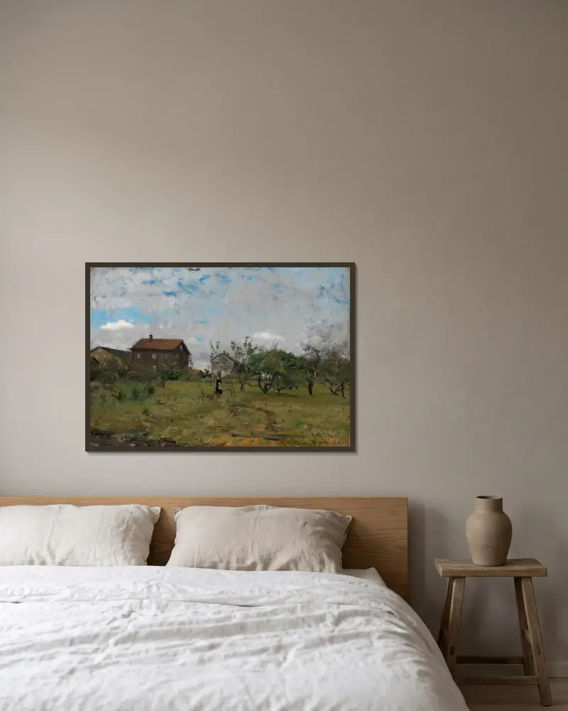 Bauernhof bei Hedmark von Gerhard Munthe gerahmt an einer Wand