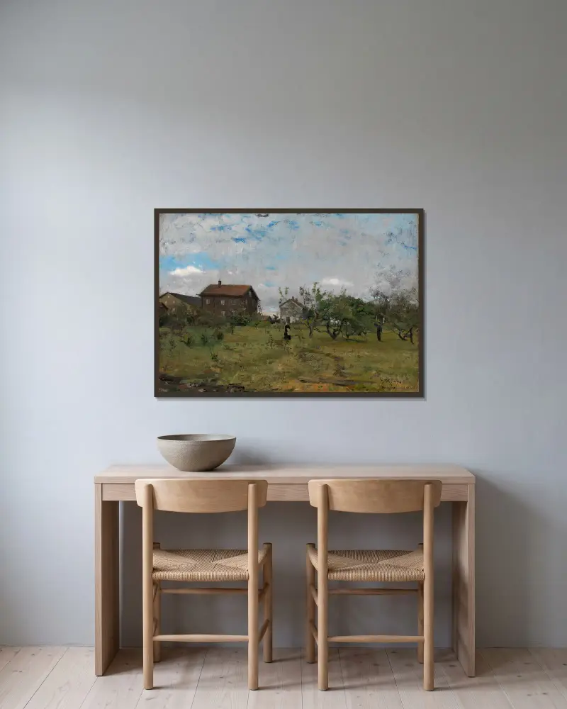 Bauernhof bei Hedmark von Gerhard Munthe gerahmt an einer Wand