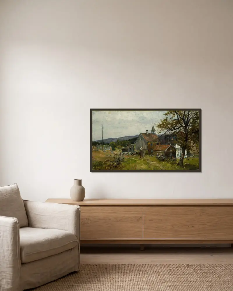 Farm, Vik at Stange av Gerhard Munthe inramad på en vägg