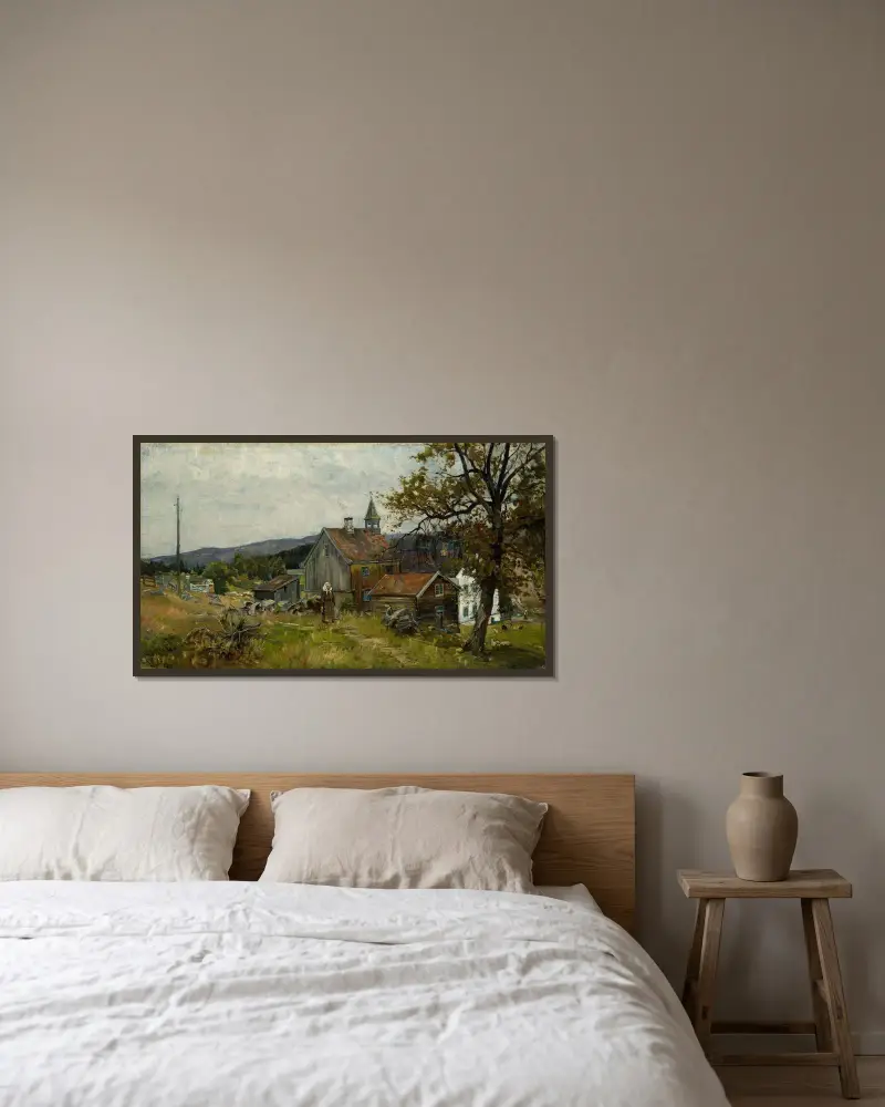 Farm, Vik at Stange av Gerhard Munthe inramad på en vägg
