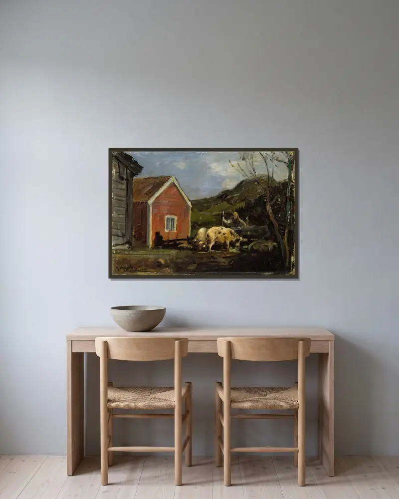 Grisar i månsken av Gerhard Munthe inramad på en vägg