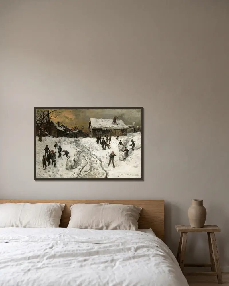 Snöbollskastning av Gerhard Munthe inramad på en vägg