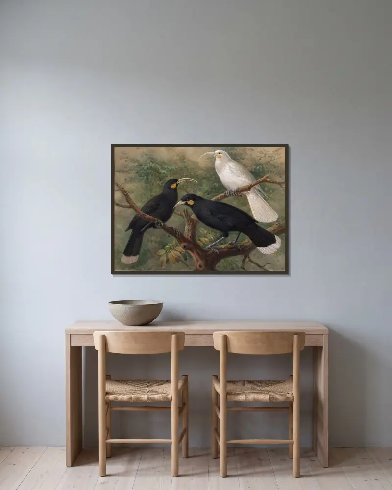 Tre huia (Heteralocha acutirostris) av John Gerrard Keulemans inramad på en vägg