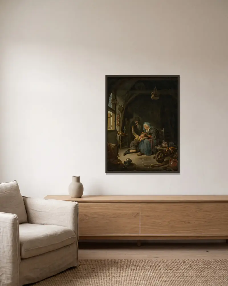 Interiör med en gammal kvinna som plockar löss i en pojkes hår (”Rembrandts mor”) av Gerrit Dou inramad på en vägg
