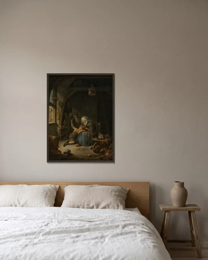 Interiör med en gammal kvinna som plockar löss i en pojkes hår (”Rembrandts mor”) av Gerrit Dou inramad på en vägg