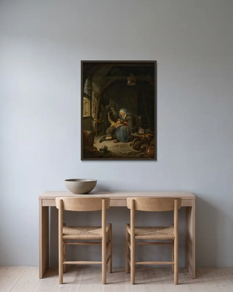 Interiör med en gammal kvinna som plockar löss i en pojkes hår (”Rembrandts mor”) av Gerrit Dou inramad på en vägg