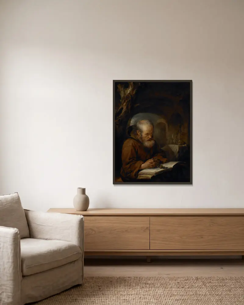 Ein betender Eremit von Gerrit Dou gerahmt an einer Wand