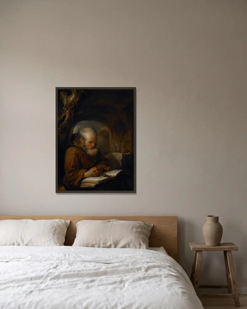 Ein betender Eremit von Gerrit Dou gerahmt an einer Wand