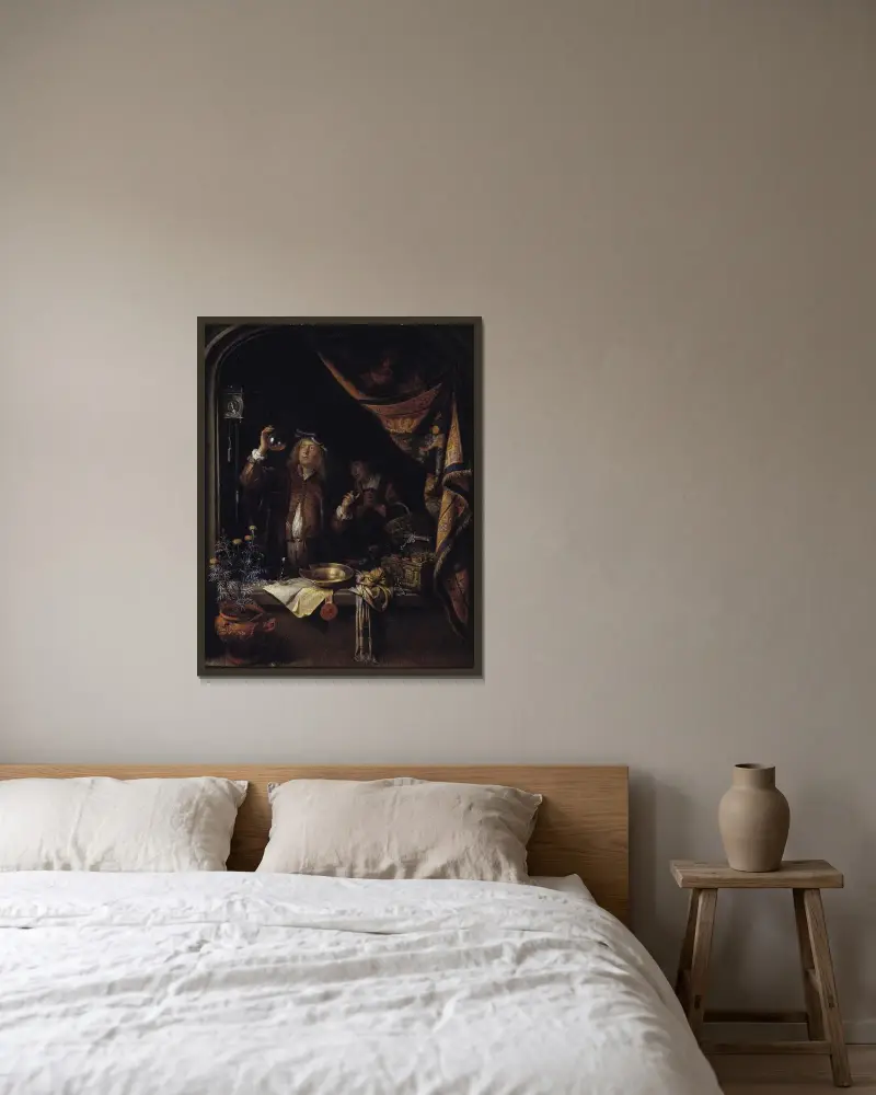 Ett läkarbesök av Gerrit Dou inramad på en vägg