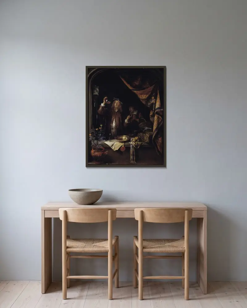 Ett läkarbesök av Gerrit Dou inramad på en vägg