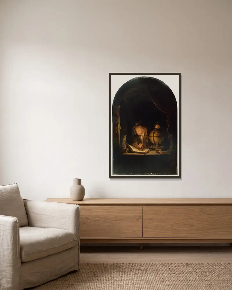 Astronom bei Kerzenlicht von Gerrit Dou gerahmt an einer Wand